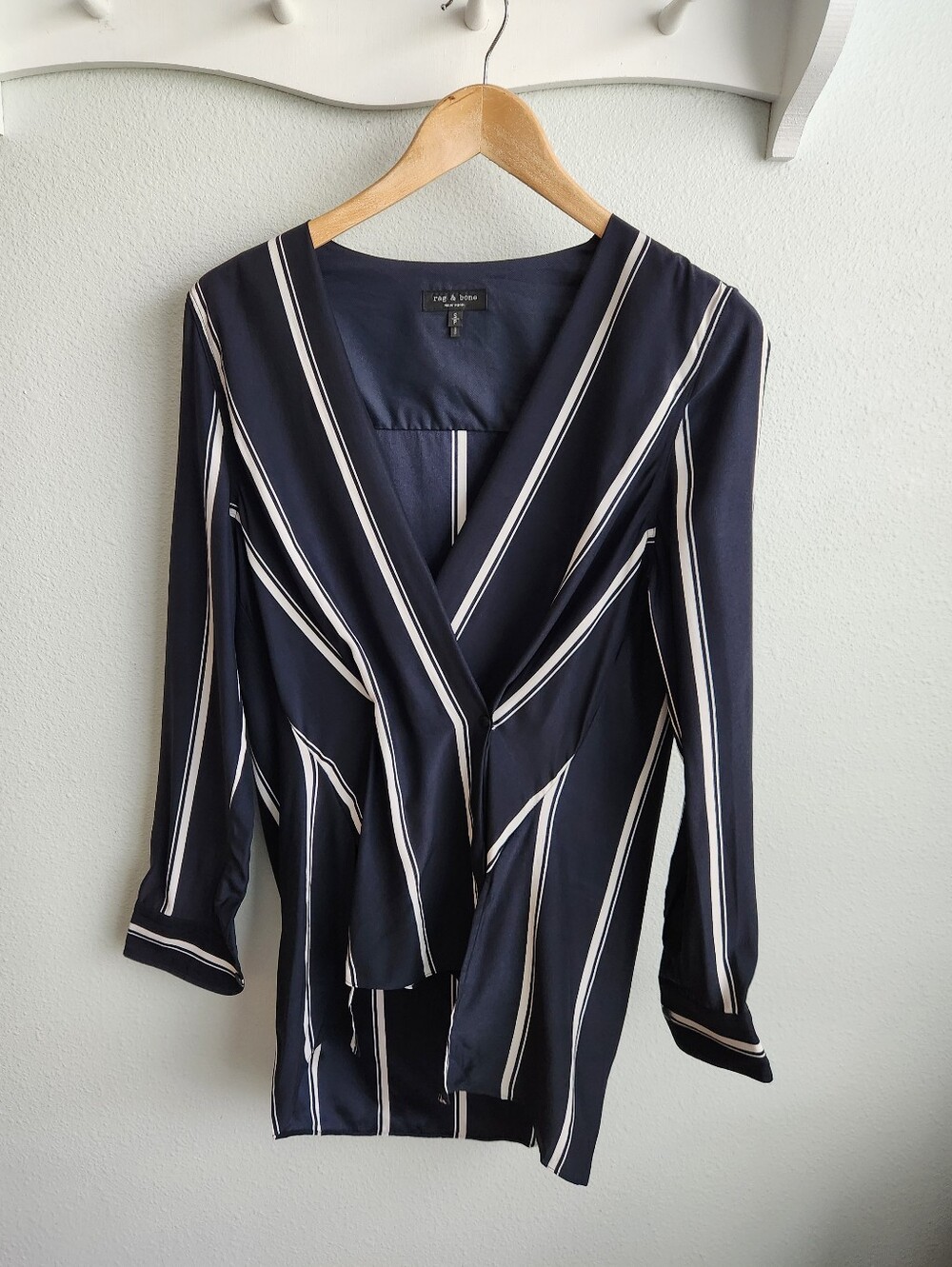Rag & Bone Navy Striped Silk Shirt Blouse Top Debbie Deep V Neck Size S